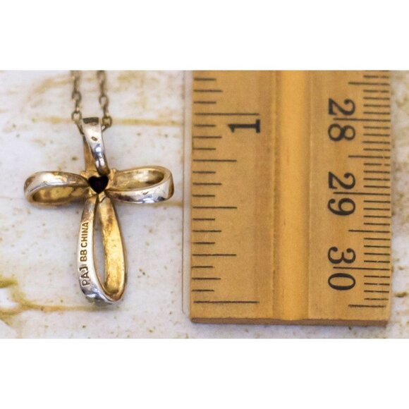 19 inch, Vintage Cross Ribbon Black Heart Sterling Silver Necklace - BZ1 - Picture 3 of 3